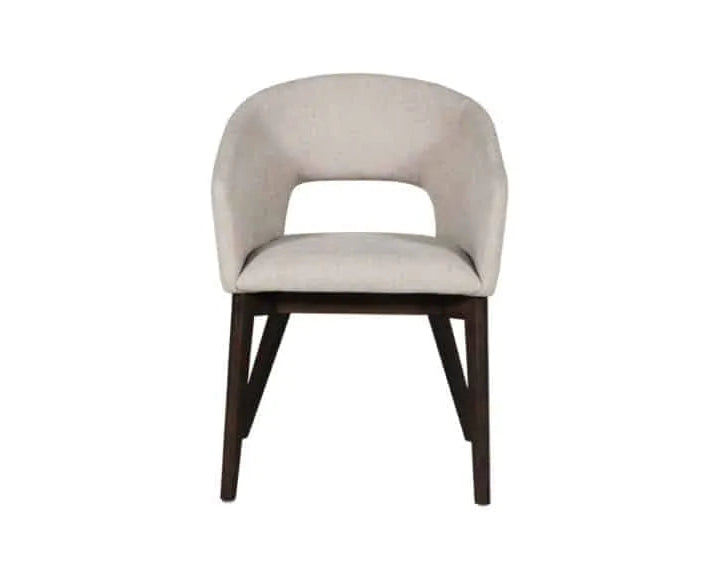 Front view of Luma dining chair in natural upholstery with dark wood legs