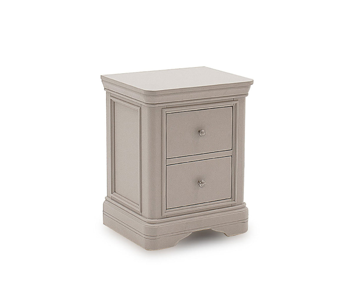 Gray nightstand with two drawers on a white background