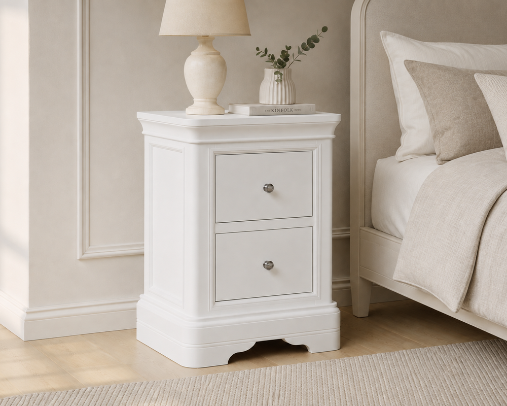 Mabel 2 Drawer Bedside Table in Bone styled beside a neutral upholstered bed