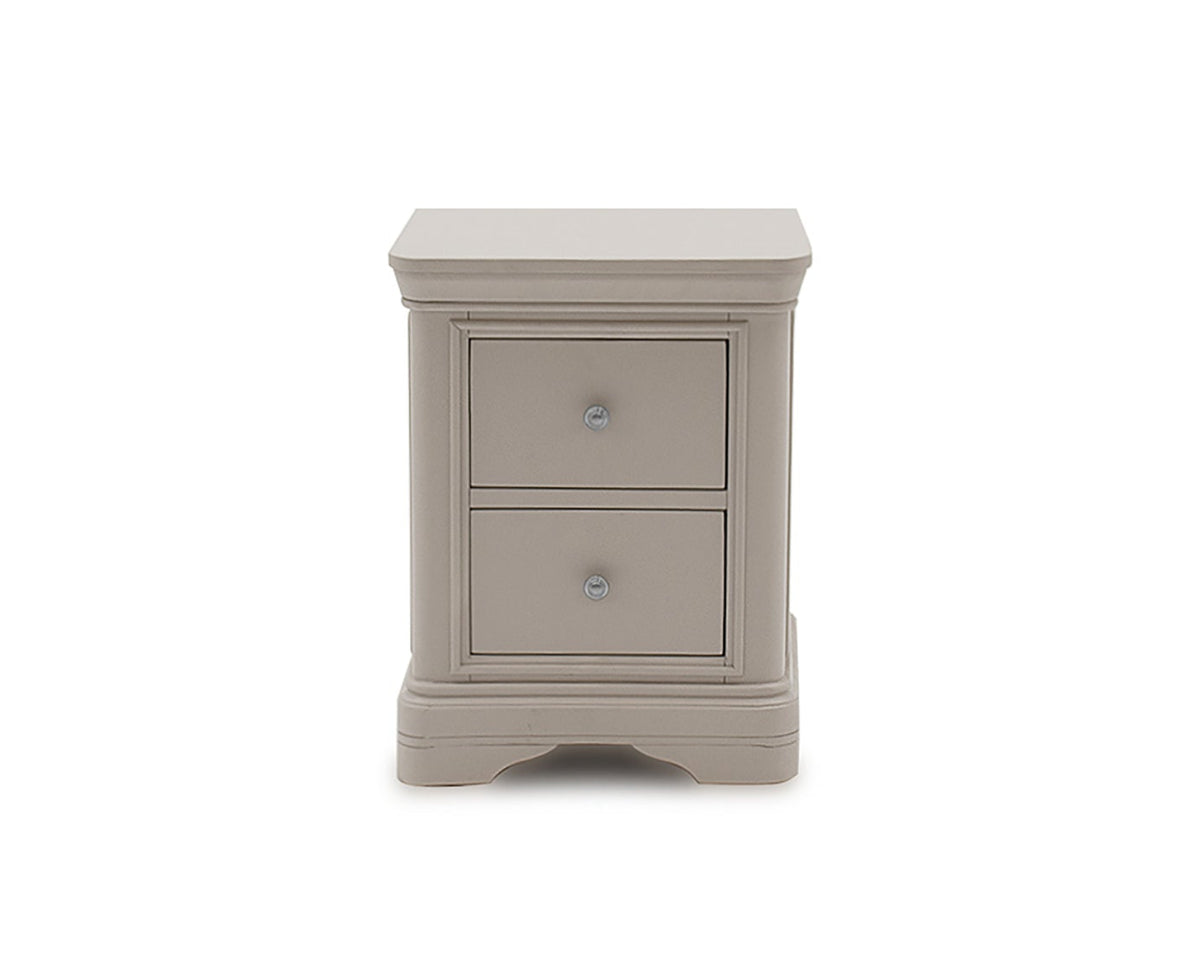Small gray nightstand with two drawers on a white background