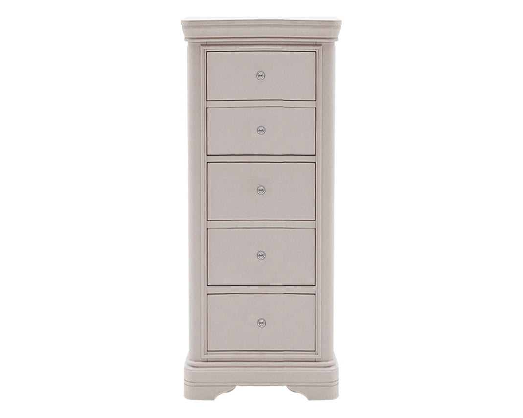 Light gray tall dresser with multiple drawers on a white background