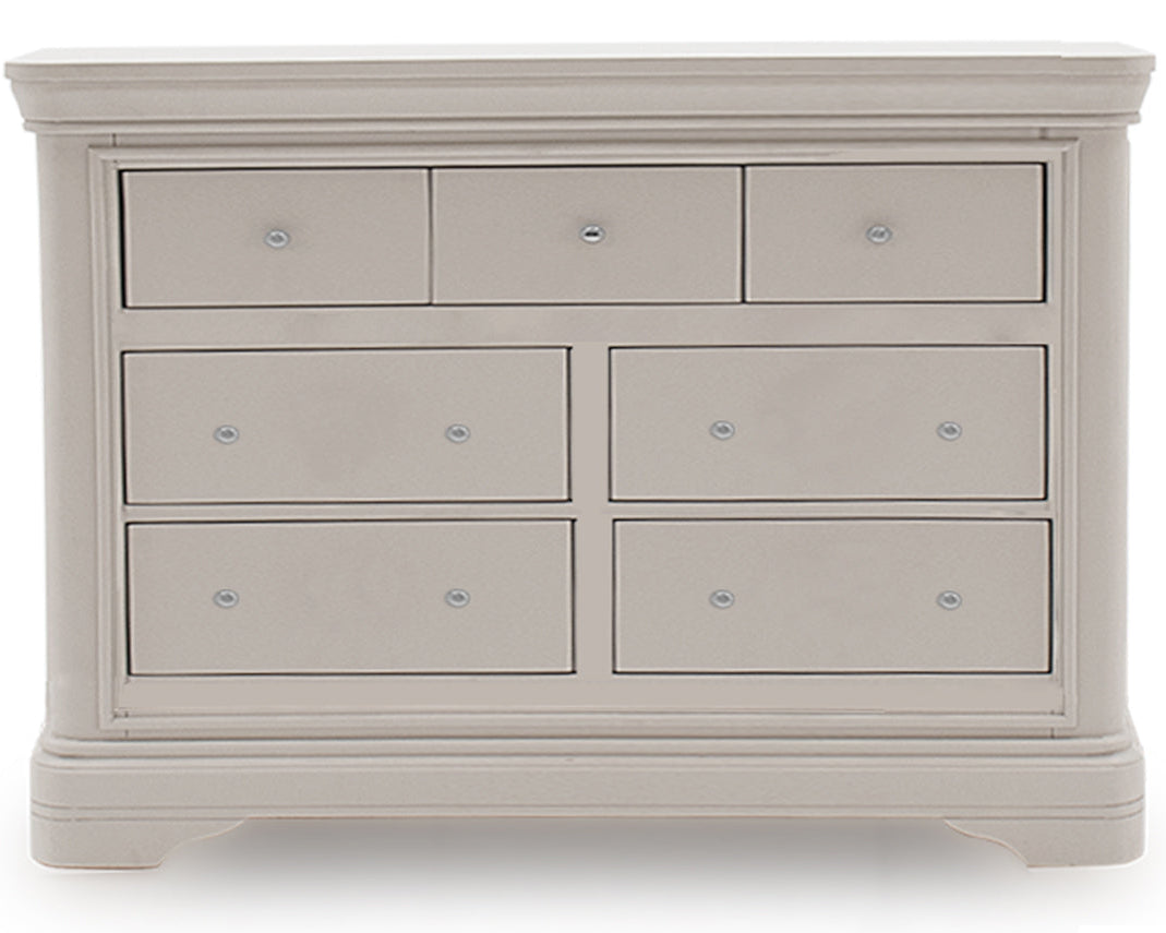 Gray dresser with multiple drawers on a white background