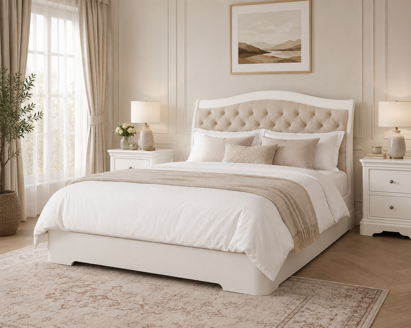 Mabel upholstered bedframe in Bone styled in a neutral contemporary bedroom