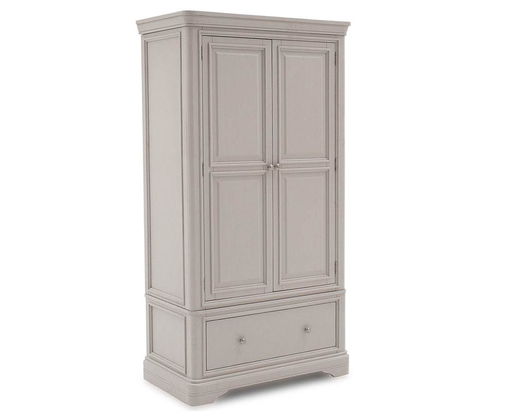 Mabel Taupe 2 Door Wardrobe with lower storage drawer – angled view
