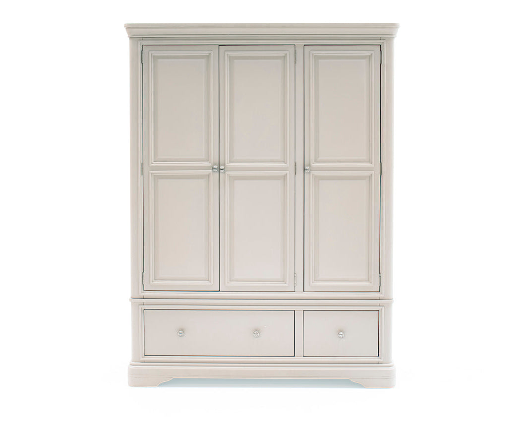 White wardrobe with three doors and two drawers on a white background