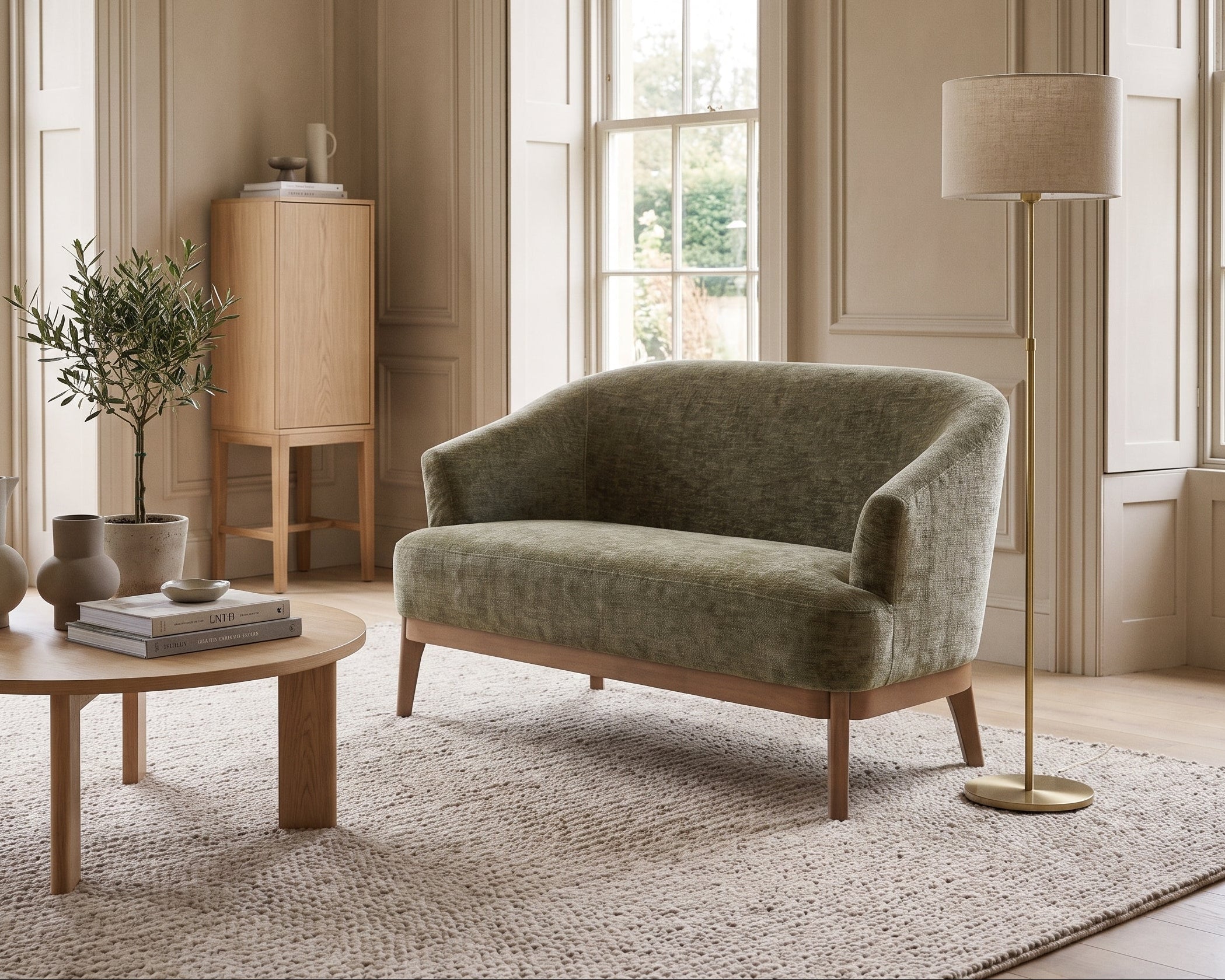 A mid-century modern accent chair in textured sage green fabric with light wood legs, styled in a bright, elegant living room with a round wooden coffee table, a floor lamp, and a neutral rug.