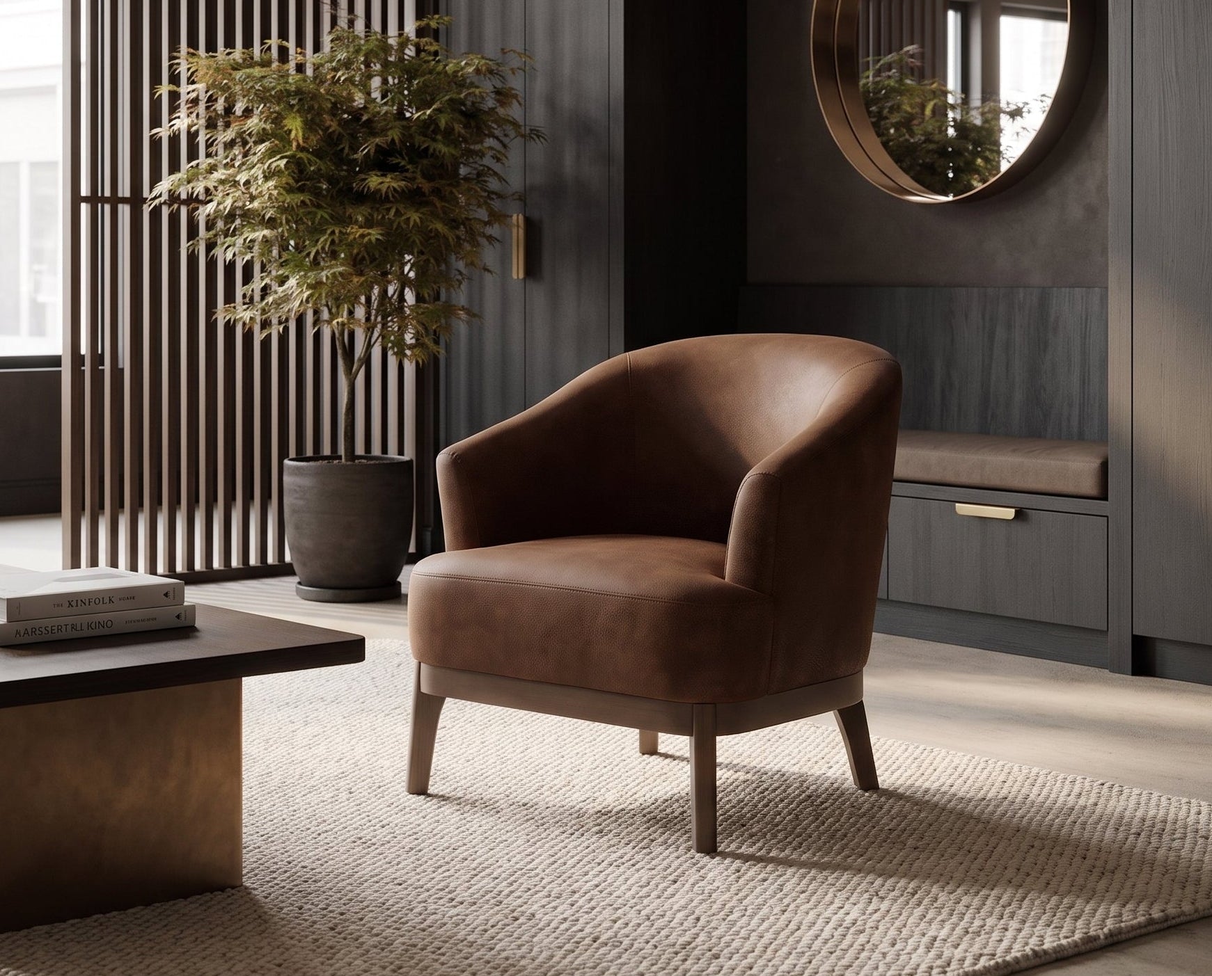 A modern living room scene featuring a brown leather armchair, a dark wood coffee table, a slatted screen, a potted plant, and a round wall mirror.