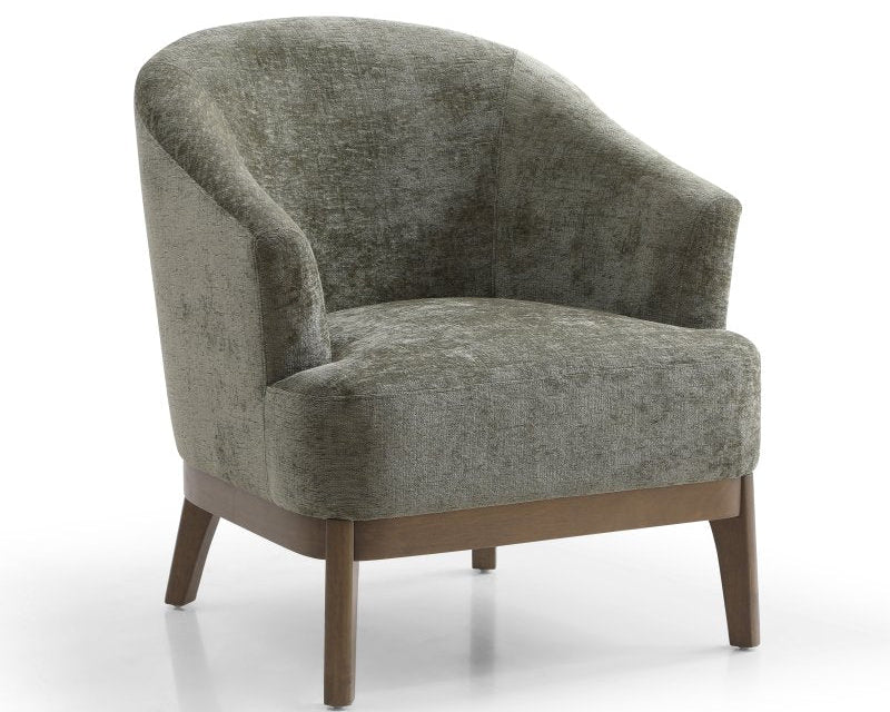 Gray upholstered armchair with wooden legs on a white background