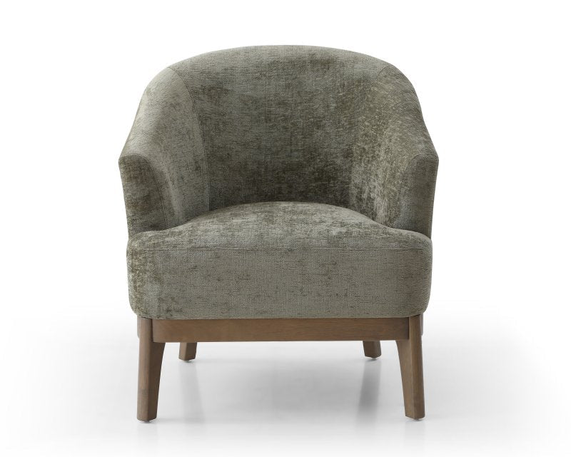 Green armchair with wooden legs on a white background