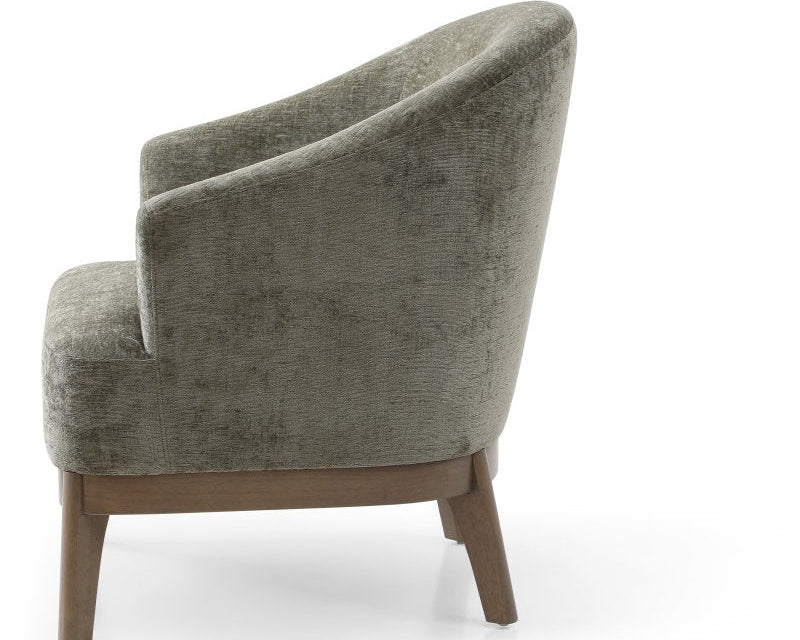 Gray upholstered armchair with wooden legs on a white background
