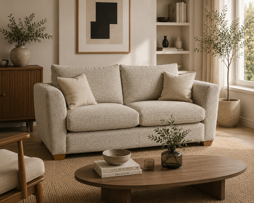 Mila 2 Seater Sofa upholstered in Taylor Latte woven fabric styled in a warm modern living room with oak furniture and neutral décor.