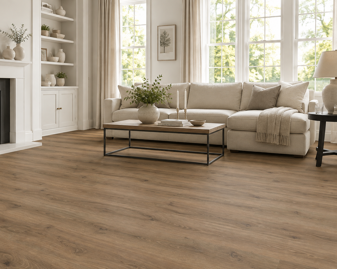 Mocha Oak Plank SPC Flooring in a bright neutral living room