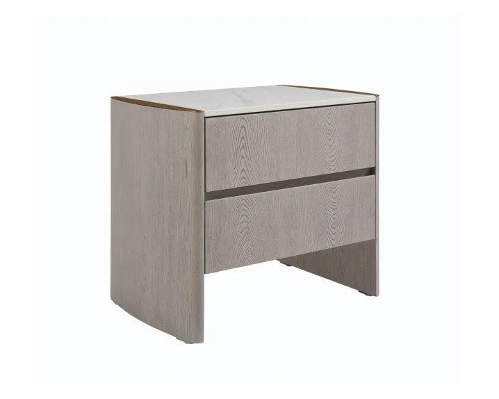 A modern two-drawer nightstand with a light gray wood grain finish and a white top surface, shown on a plain white background.