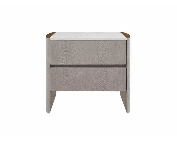 A modern two-drawer nightstand with a light gray wood-grain finish, a white marble-look top, and dark brown end caps, shown against a plain white background.
