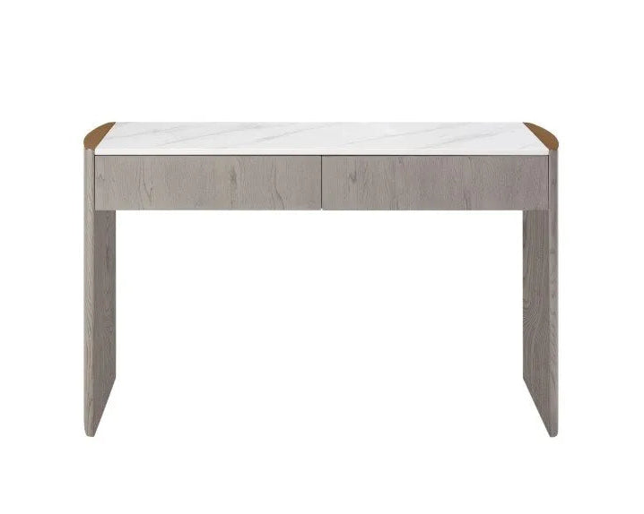 A modern writing desk with a light gray wood-grain finish and a white marble-patterned top, shown against a plain white background.