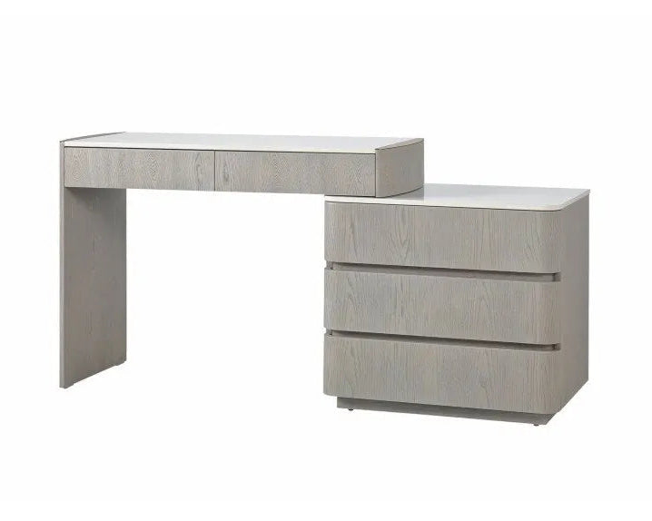 A modern light gray wood-grain writing desk with an open leg design and a matching three-drawer side cabinet, shown on a plain white background.