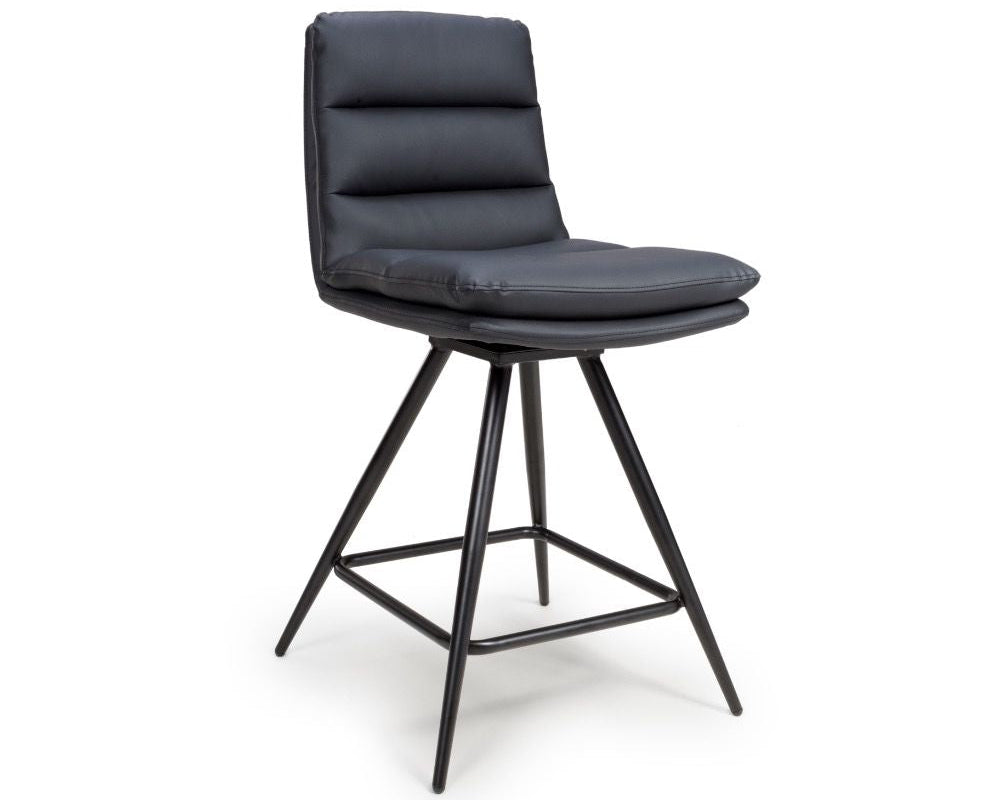 Black bar stool with cushioned seat on a white background
