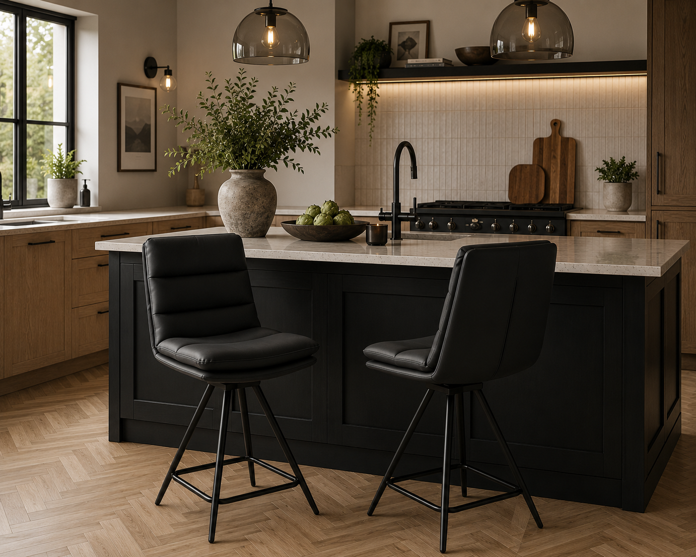 Modern kitchen with black island, stools, and decorative elements.