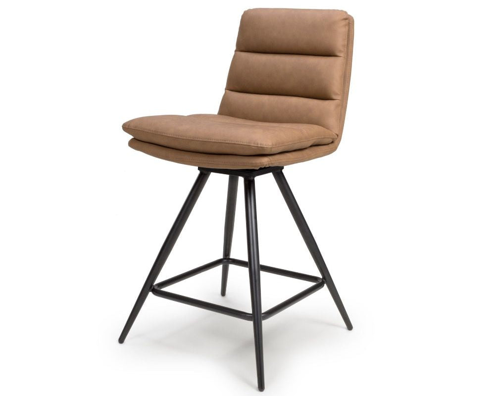 Brown bar stool with black metal legs on a white background