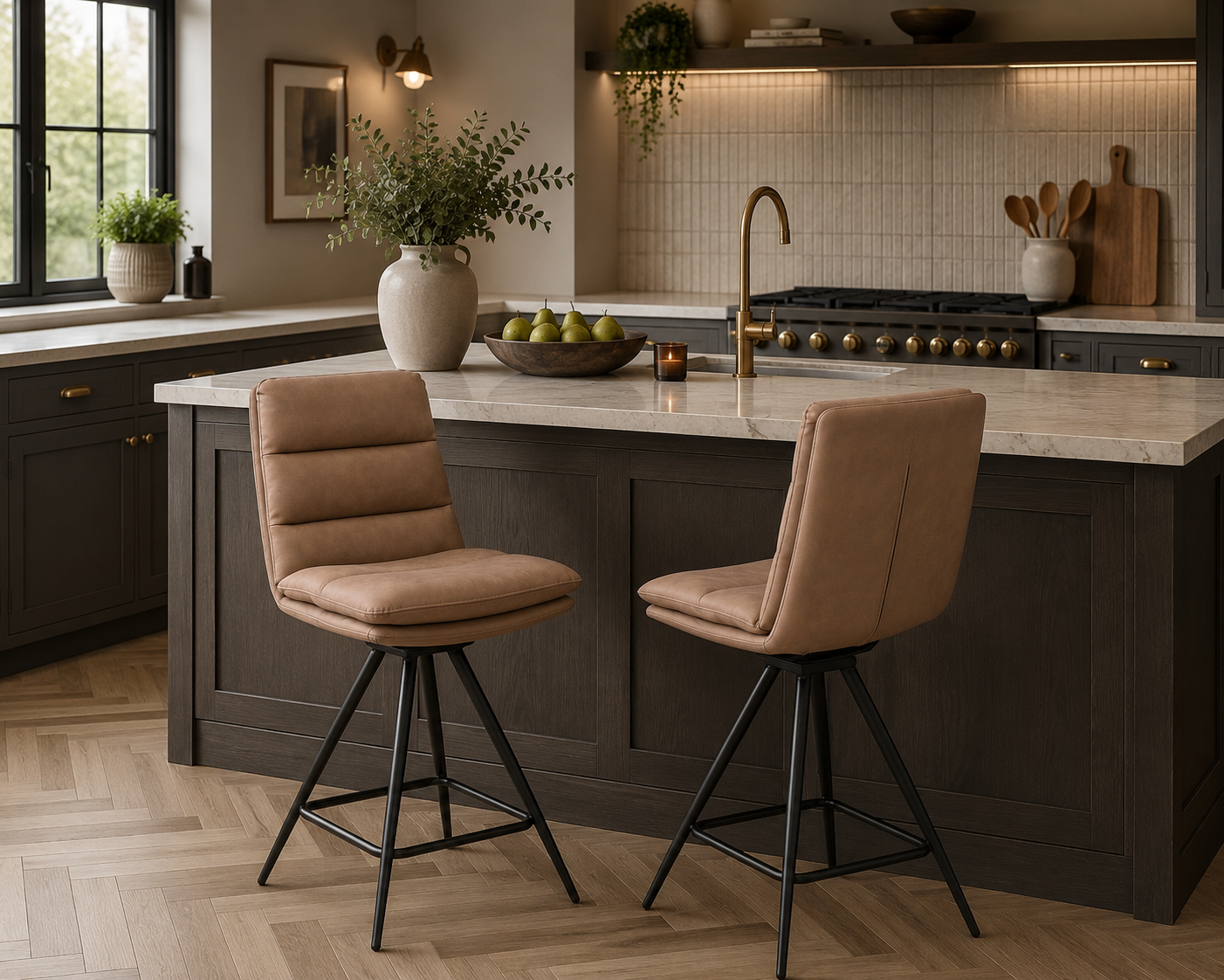 Modern kitchen with dark wood island, beige bar stools, and a light-colored countertop.