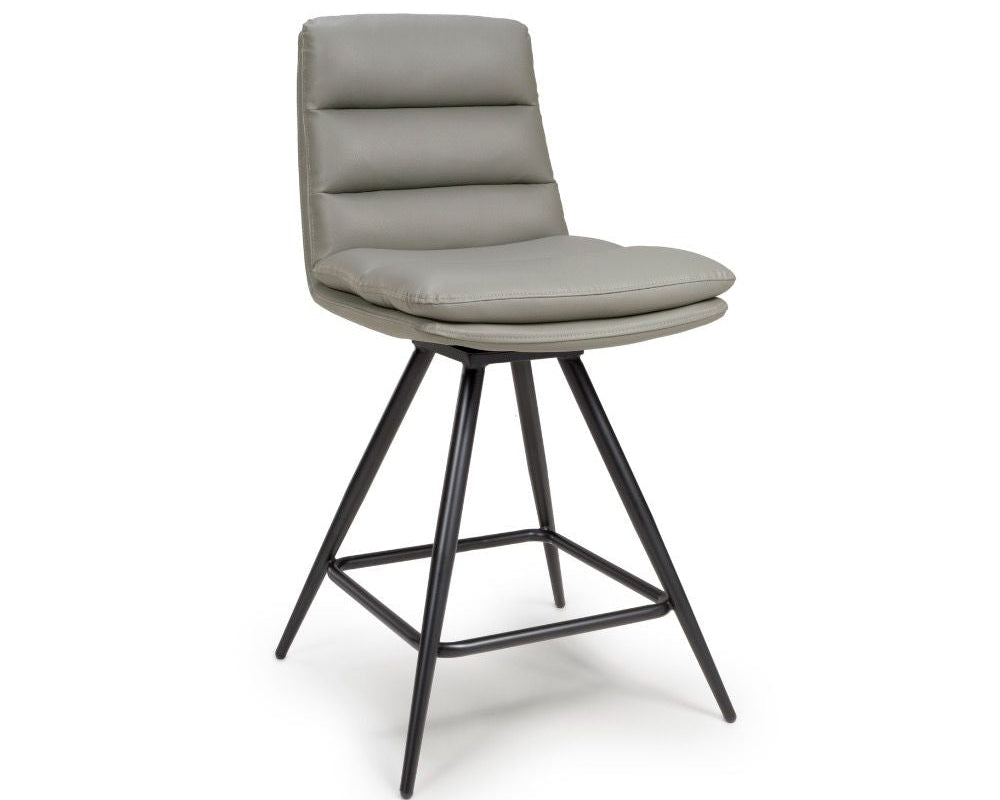 Gray bar stool with black metal legs on a white background