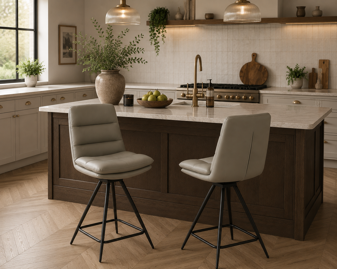 Modern kitchen with wooden island, bar stools, and decorative elements.
