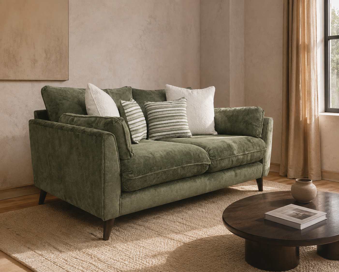Petra 2 Seater Sofa in green fabric with bolster and scatter cushions