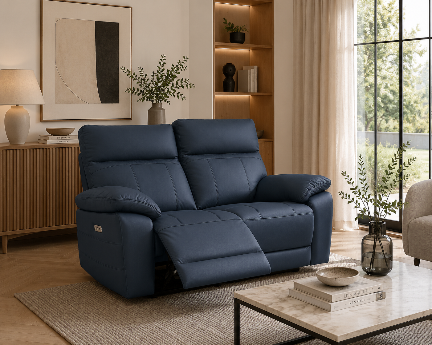 Positano 2 Seater Electric Recliner Sofa in indigo leather styled in a bright contemporary living room.