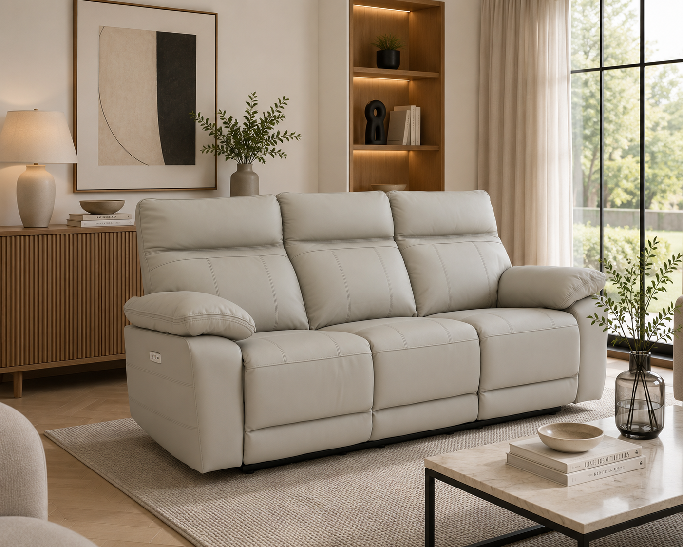 Positano 3 seater electric reclining leather sofa in light grey displayed in a bright contemporary living room.