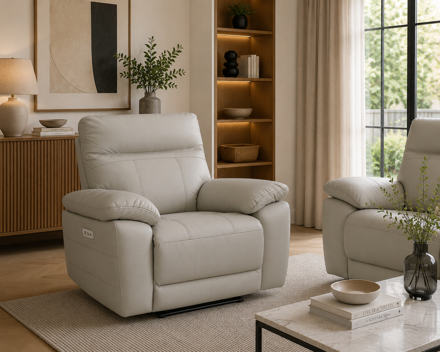 Positano leather electric recliner armchair in light grey styled in a contemporary living room