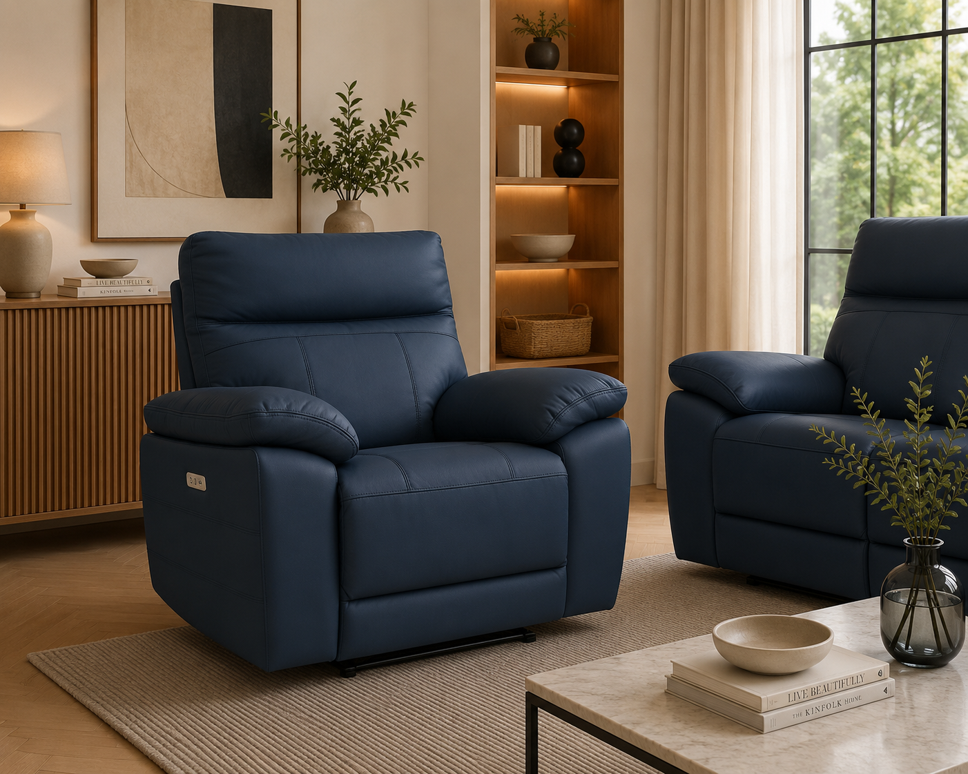 Positano electric recliner chair in indigo blue leather styled in a contemporary living room.