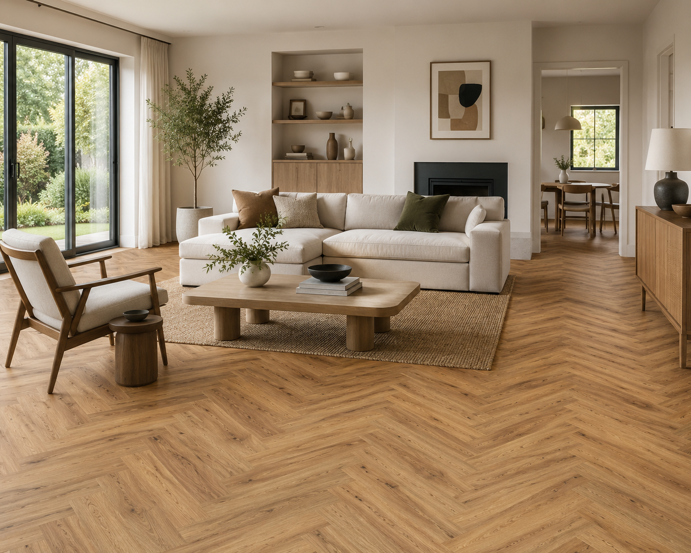 A bright, modern living room featuring light brown herringbone wood flooring, a white sectional sofa, a wooden coffee table, and a matching wooden sideboard.