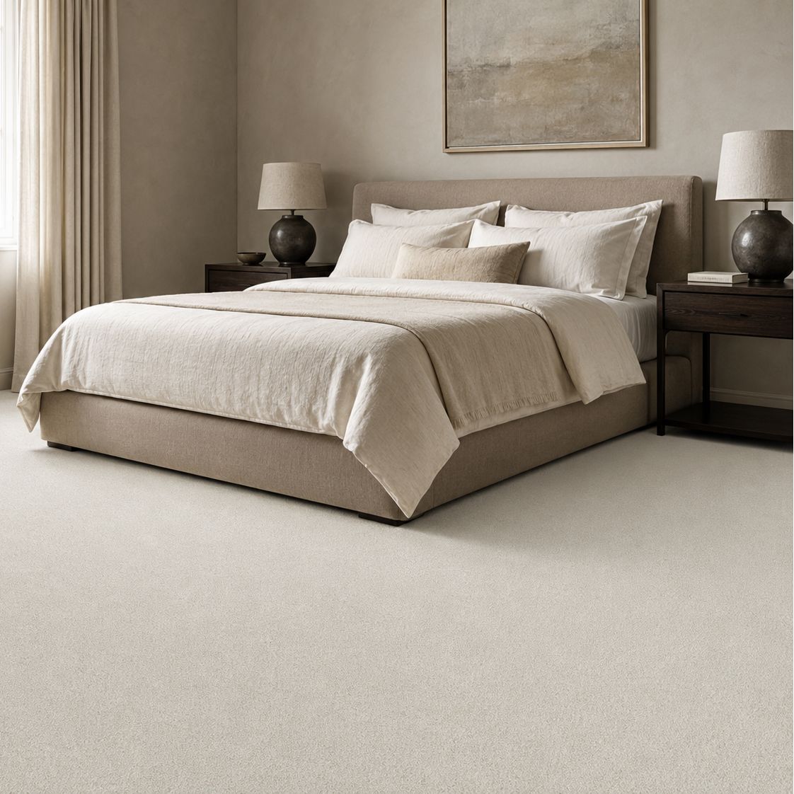 Seta velvet carpet in Florence fitted wall-to-wall in a refined neutral bedroom with warm wood furnishings.