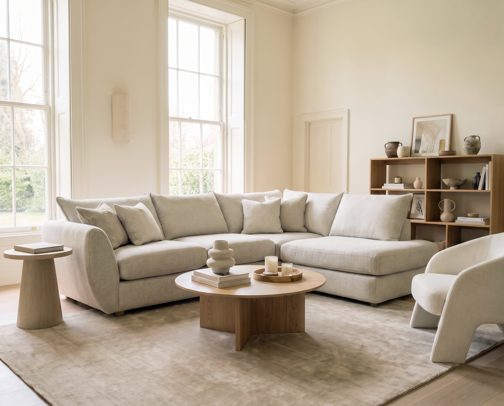 A modern living room featuring a light beige sectional sofa, a round wooden coffee table, a matching area rug, and a wooden shelving unit against cream walls.