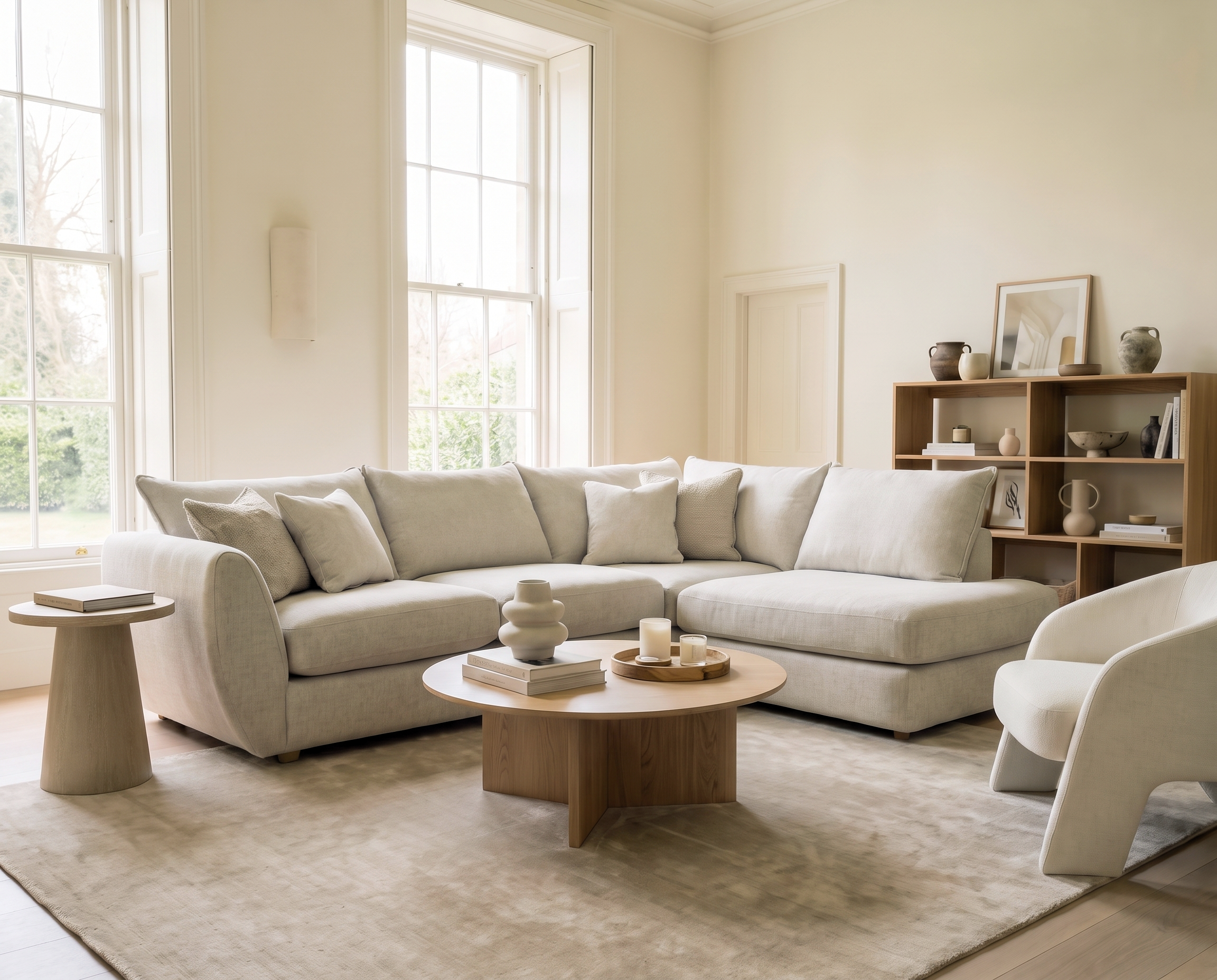 A modern living room featuring a light beige sectional sofa, a round wooden coffee table, a matching area rug, and a wooden shelving unit against cream walls.
