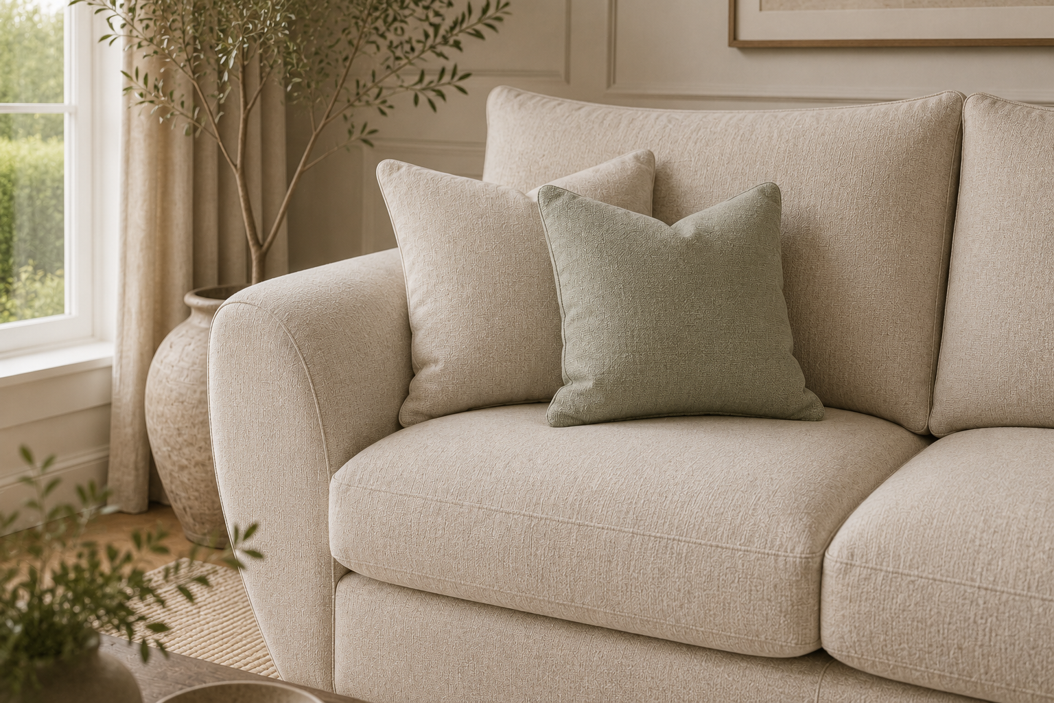 A close-up of a beige upholstered sofa with two decorative throw pillows, one in a muted sage green and one in a light cream, set in a softly lit living room.