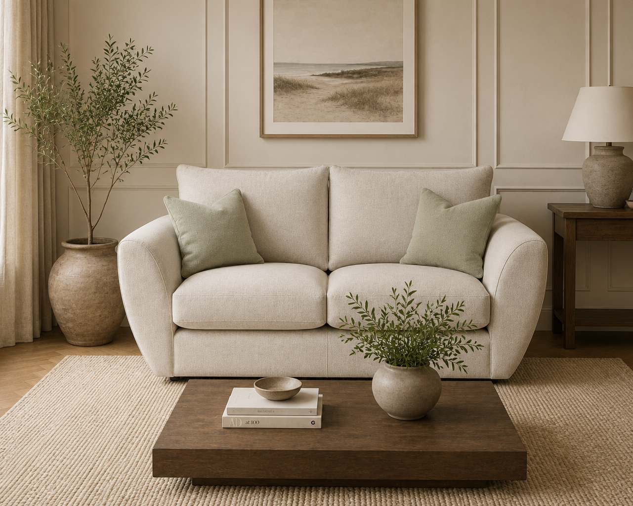 A cream-colored two-seater sofa in a beautifully styled living room, decorated with two sage green throw pillows, a wooden coffee table, and a large potted plant in a ceramic vase.