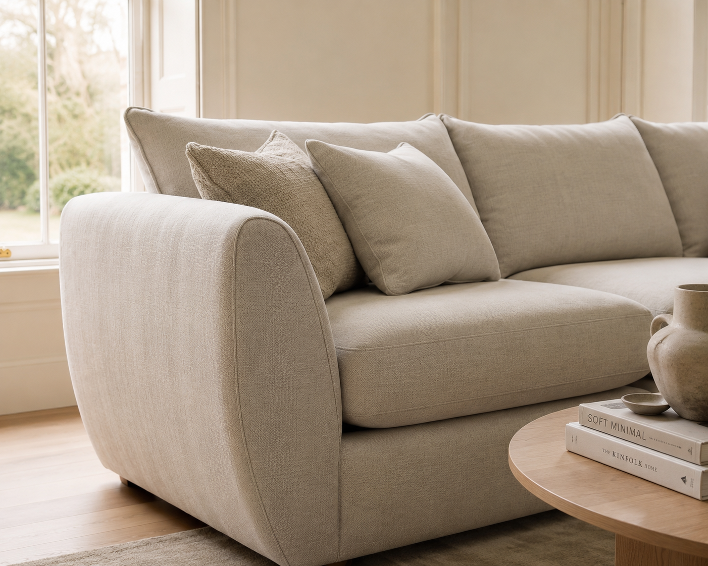 A light beige upholstered sectional sofa with matching throw pillows in a bright, modern living room setting.