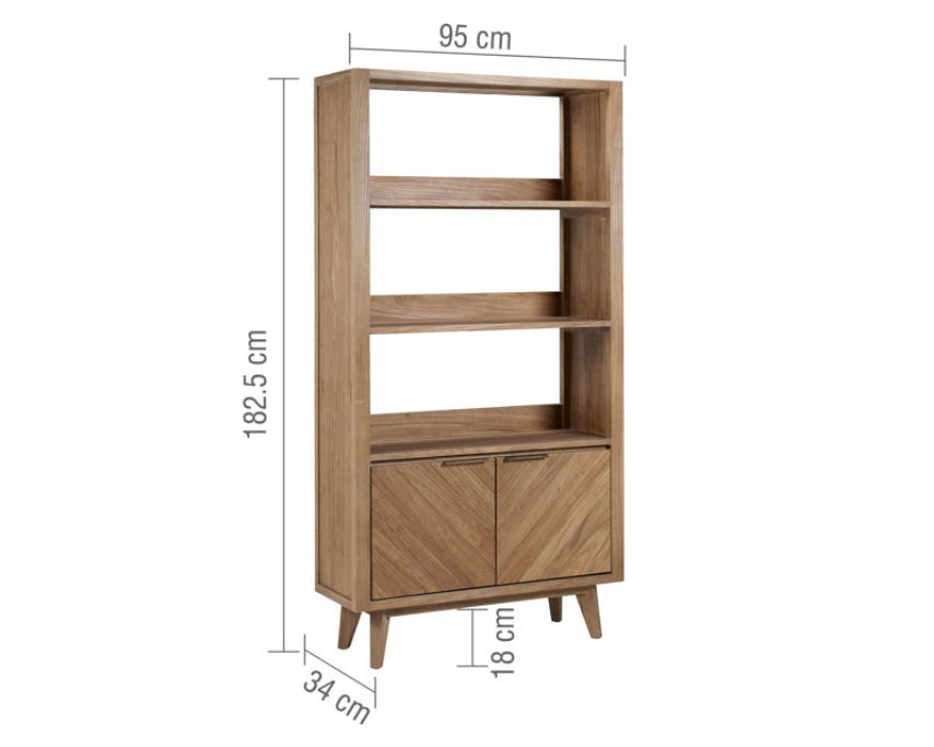 Wooden bookshelf with dimensions on a white background