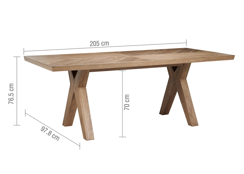 Wooden dining table with dimensions on a white background