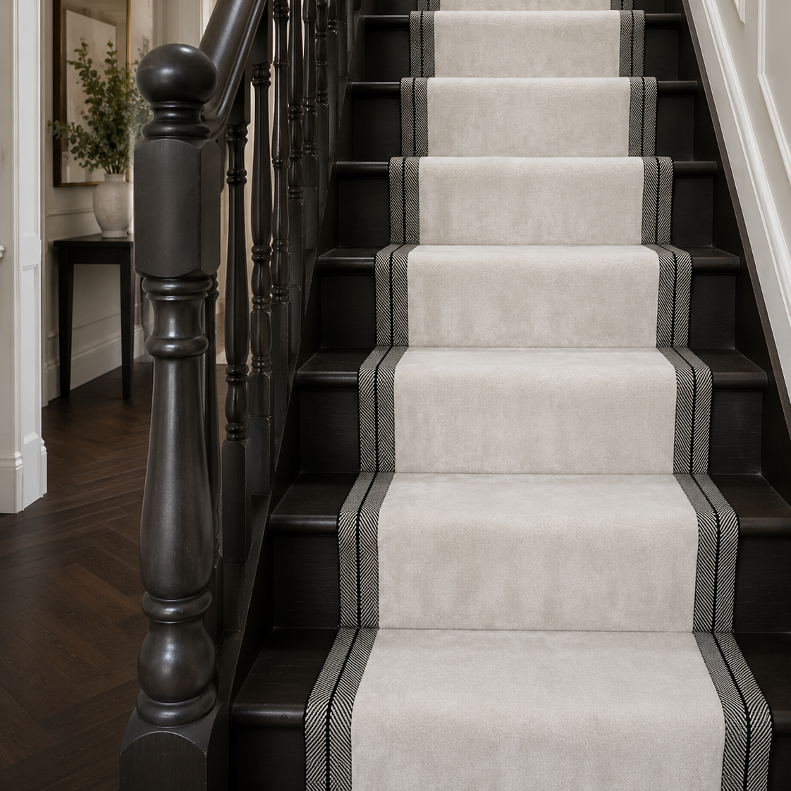 A set of light beige carpet runner stair rails with dark gray striped borders, installed on a dark wood staircase.