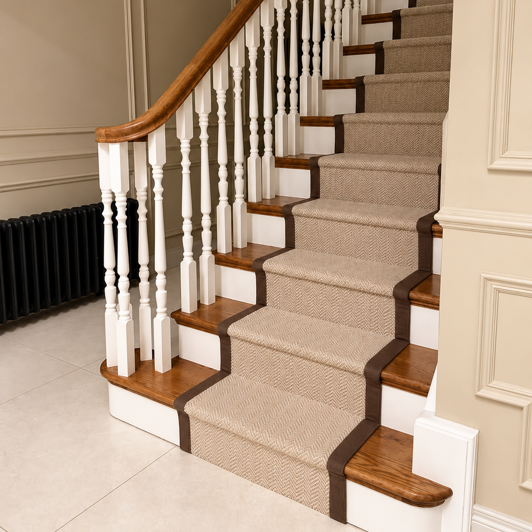 An indoor staircase with beige carpeted steps, medium brown wooden treads and handrail, and white turned spindles, shown in a home interior with cream paneled walls.