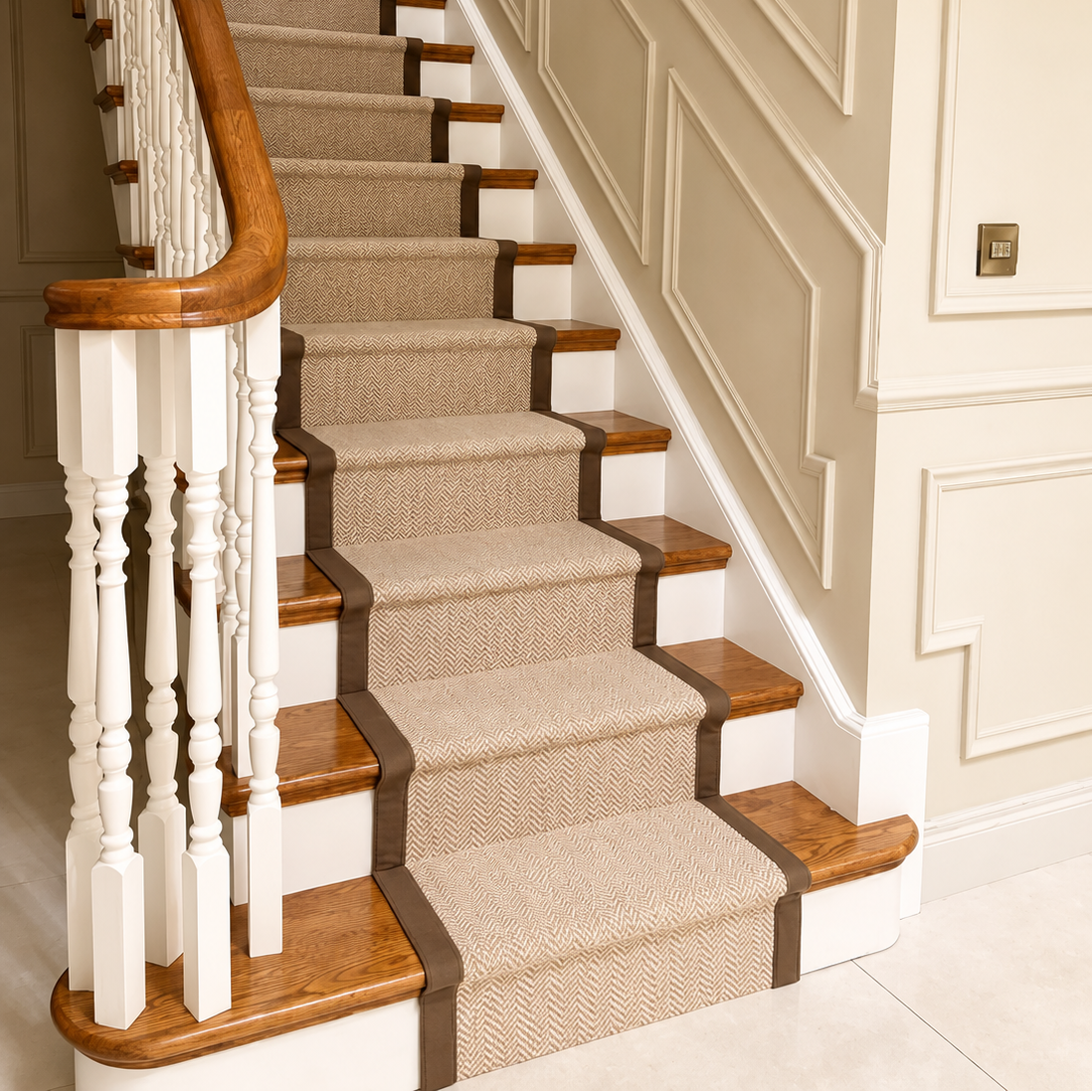 A carpeted staircase with beige textured stair carpeting, white balusters, and warm brown wooden handrail and step risers, set against a cream paneled wall.