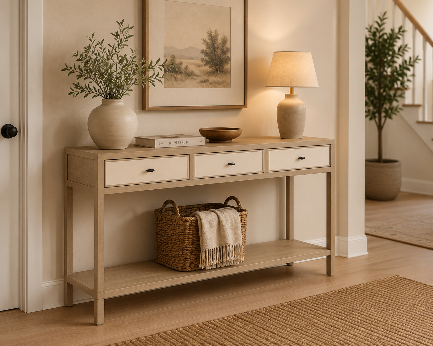 Console table with decorative items in a home setting