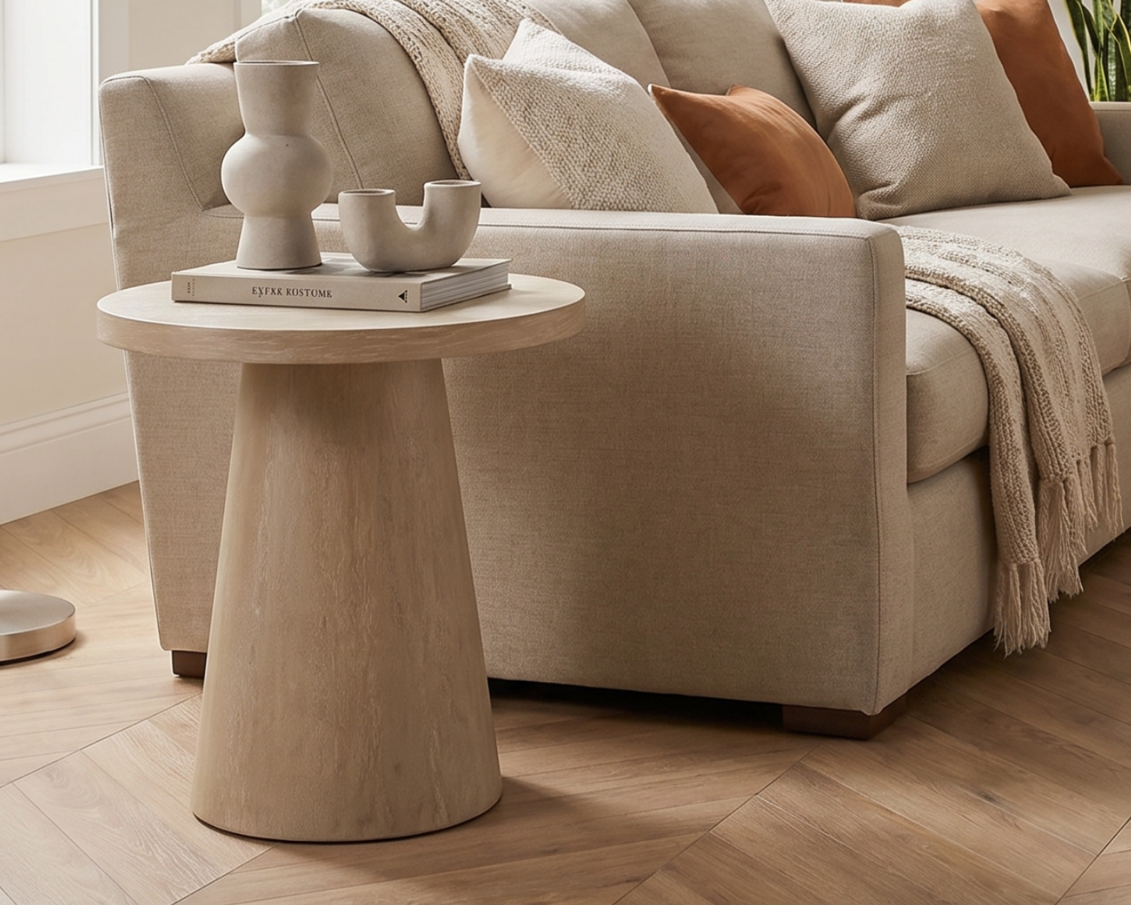 light oak round side table styled beside sofa in neutral modern living room