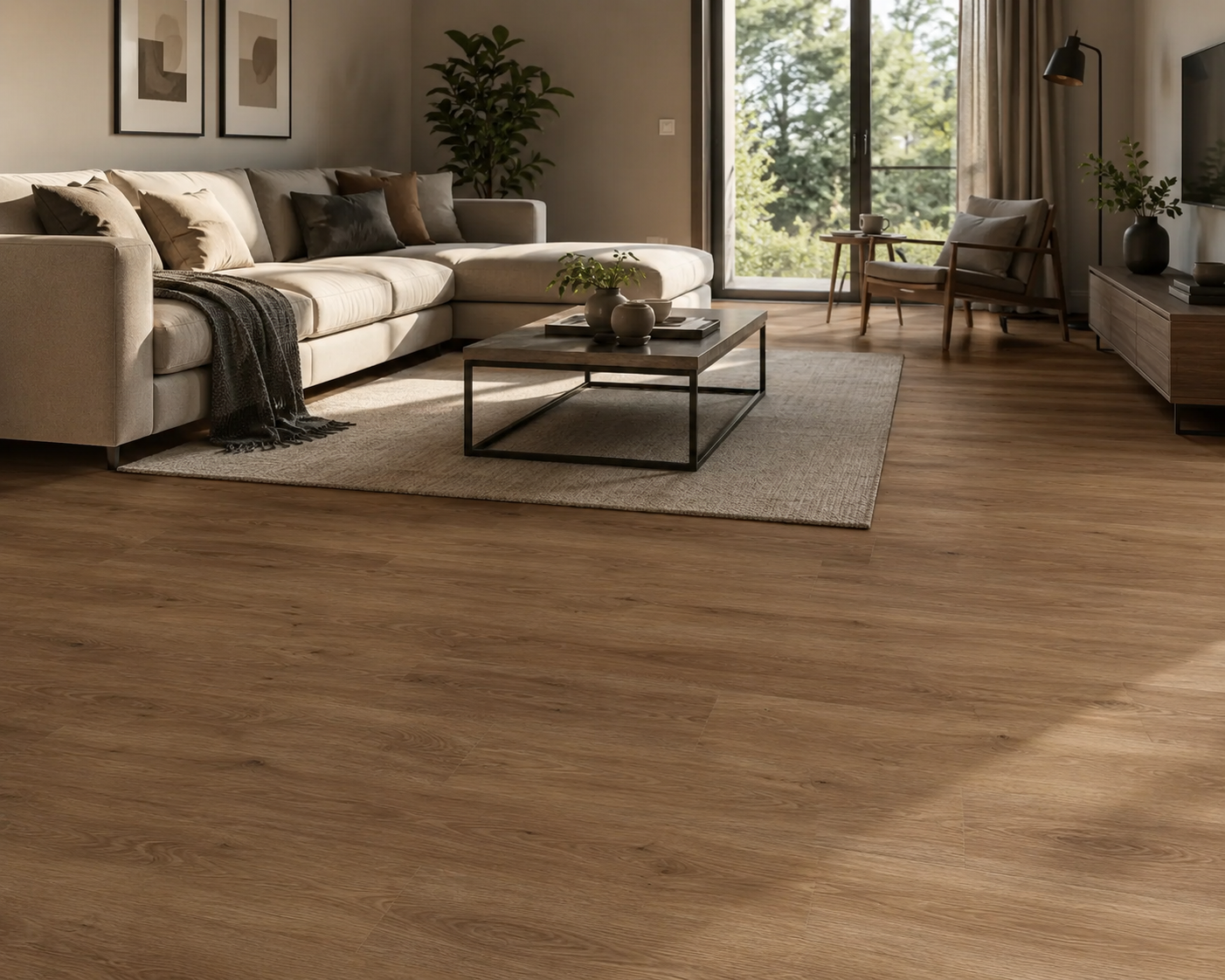 Truffle Oak Plank SPC Flooring in a contemporary living room