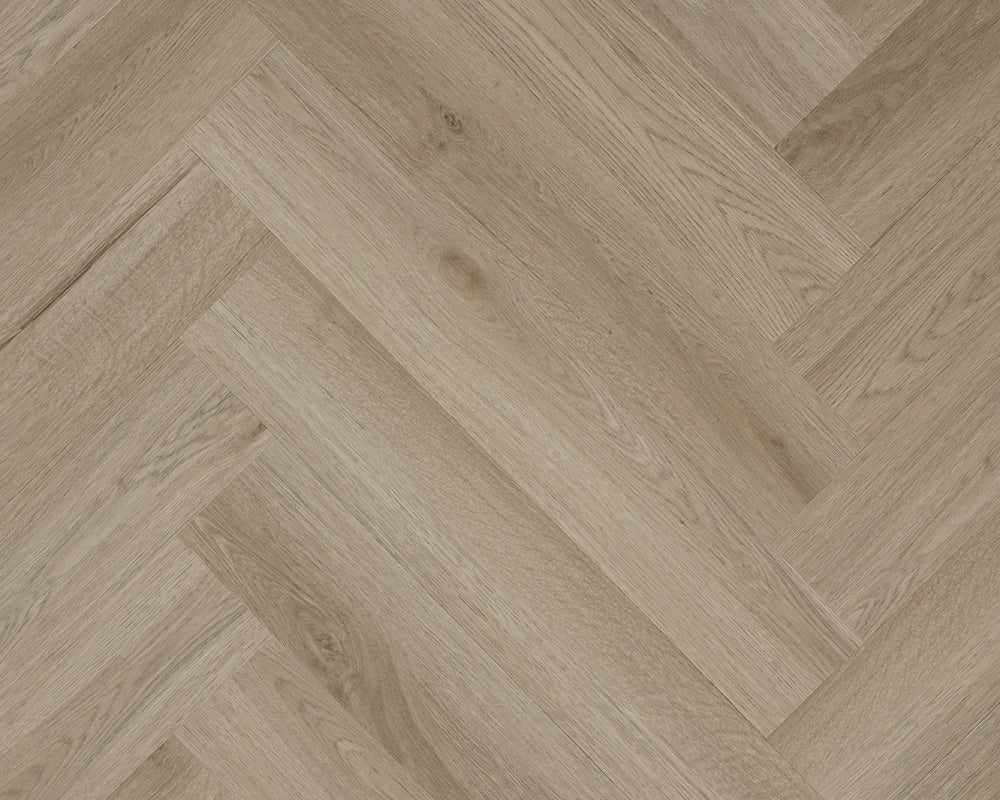 Wooden flooring with a herringbone pattern in a neutral color.