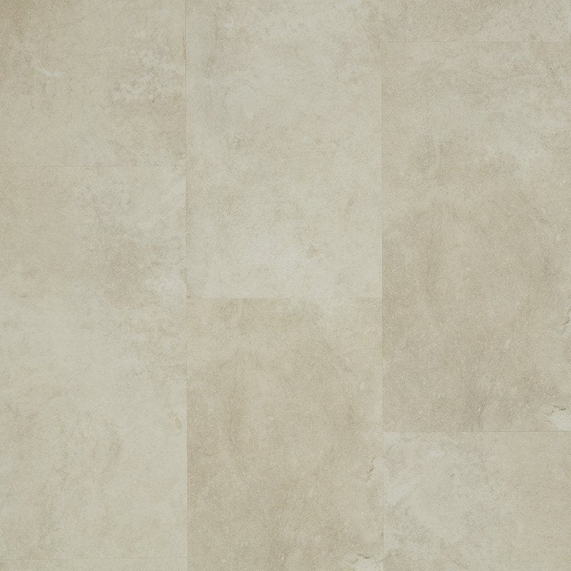Beige stone-look floor tiles with a textured, matte finish and subtle variations in tone.