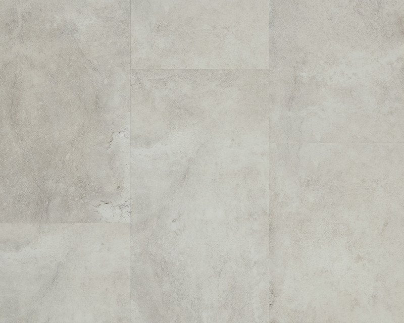Light gray stone-look rectangular floor tiles with subtle natural texture and grout lines.