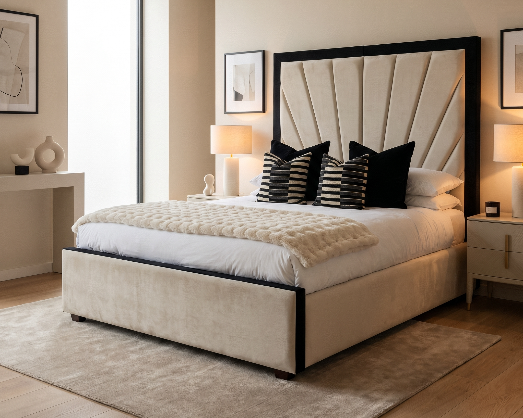 Modern bedroom with a large bed, black headboard, and decorative pillows.